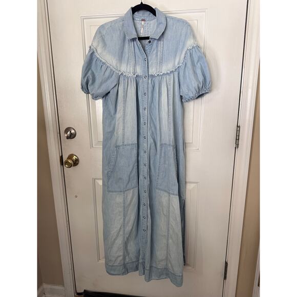 Free People Dress Women's Medium Blue On The Road Puff Sleeve Maxi Shirt Dress - Picture 3 of 9